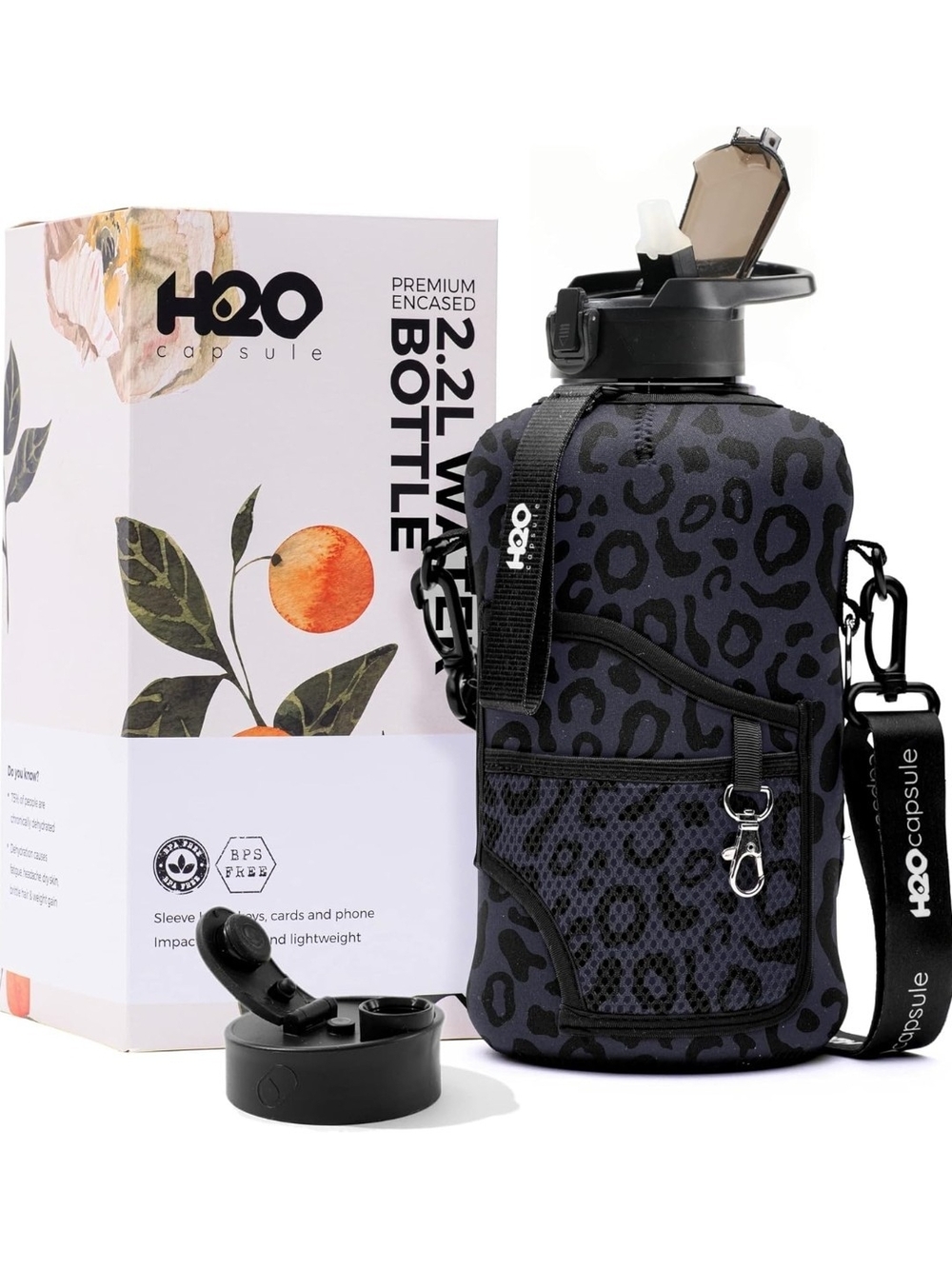 EUC Black Leopard H2O Capsule 2.2L Half Gallon Water Bottle Storage Sleeve